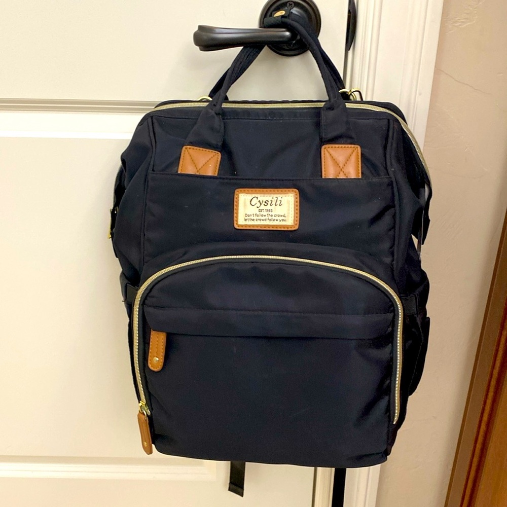 Cysili Diaper Bag Back Pack Black Canvas Nylon USB Port zipper pockets kids